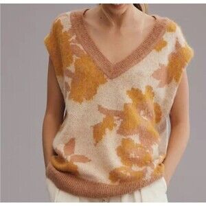 Anthropologie V-Neck Sweater in Cream and Brown Floral